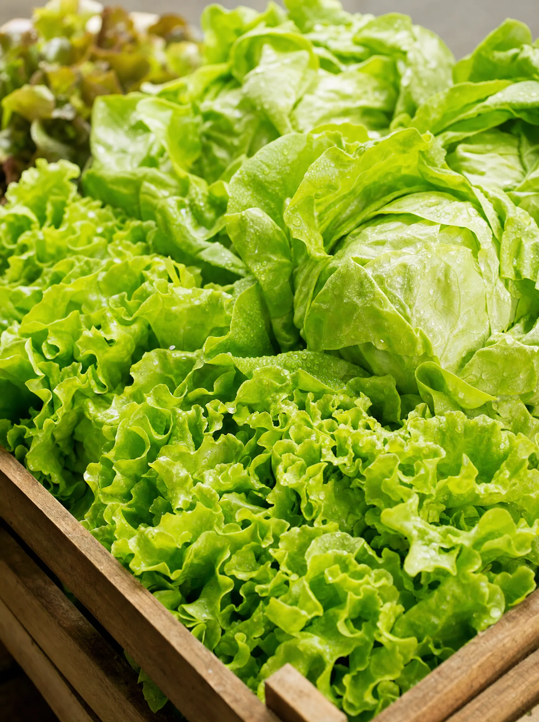 Alfaces e folhas de salada frescas em caixa de madeira